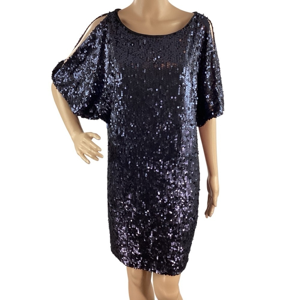 Aidan Mattox Navy Sequin Cold Shoulder Shift Dress Size 10